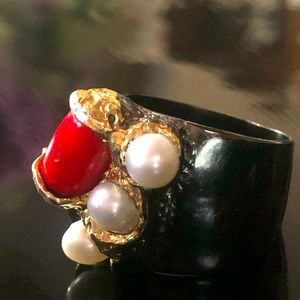 Unique Genuine Coral Ring with Gemstones